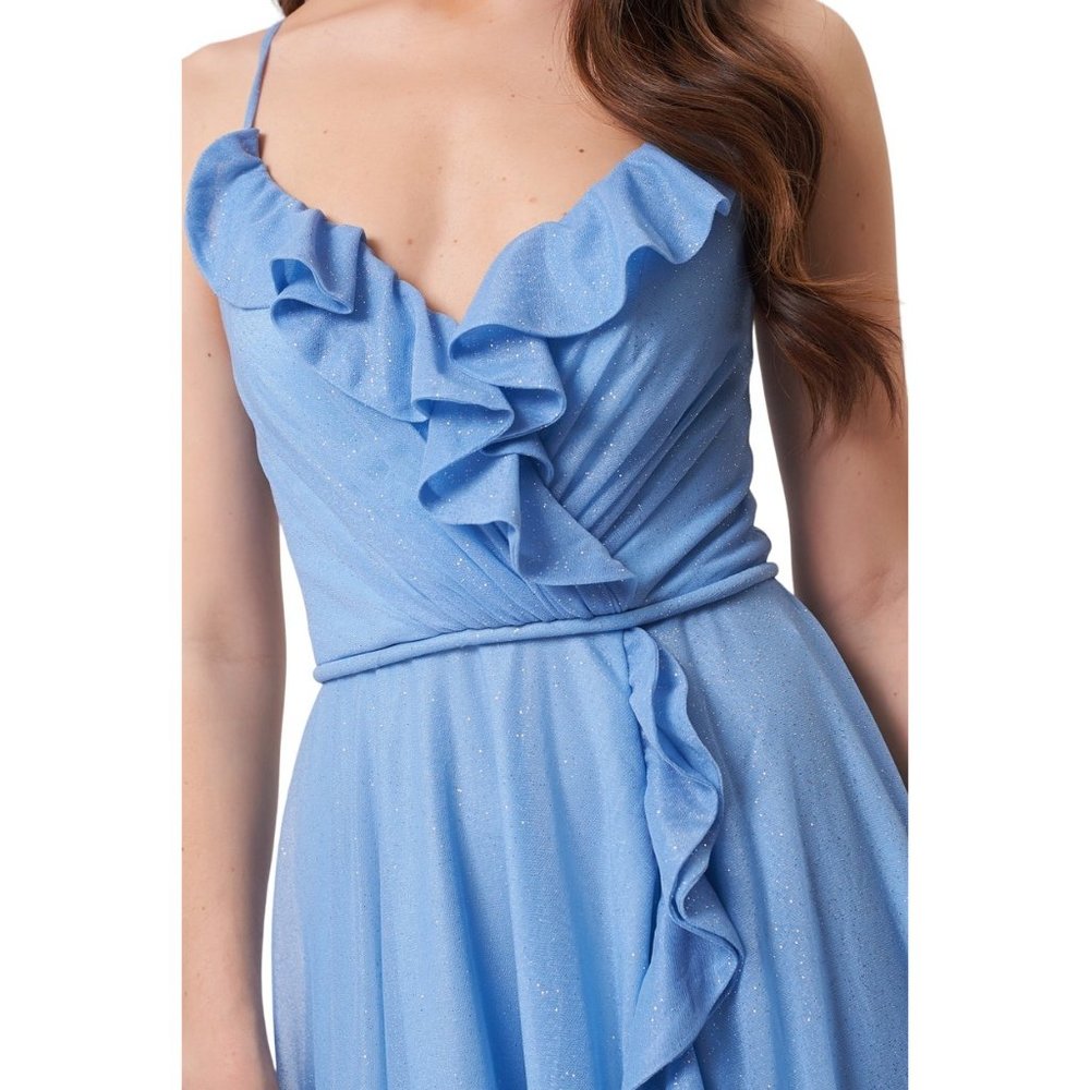 Forever Unique Chiara Shimmer Ruffle Crossover Maxi Gown Pale Blue Size 2 NWT - Picture 3 of 5